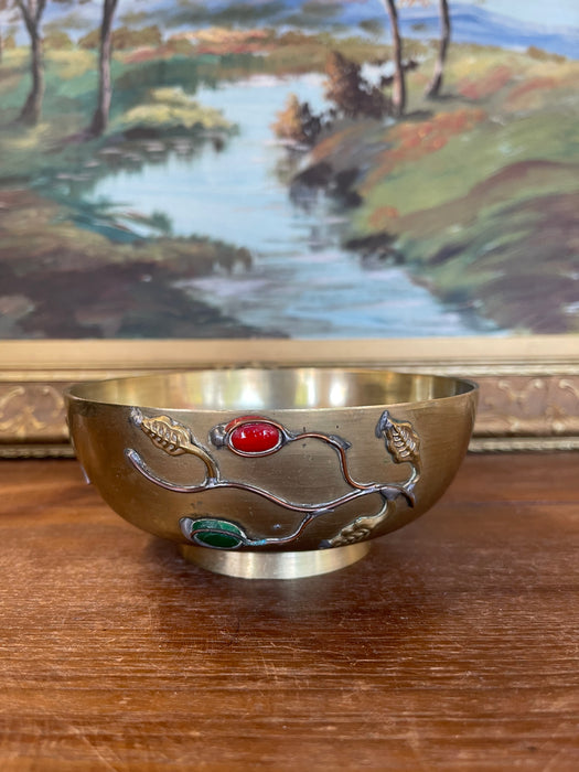 Chinese Brass Toned Bowl with Applied Gemstone Accents and Floral Motif