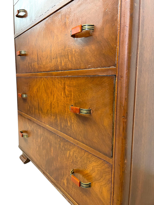 Vintage Art Deco Highboy Dresser with Waterfall Front and Bakelite Style Handles