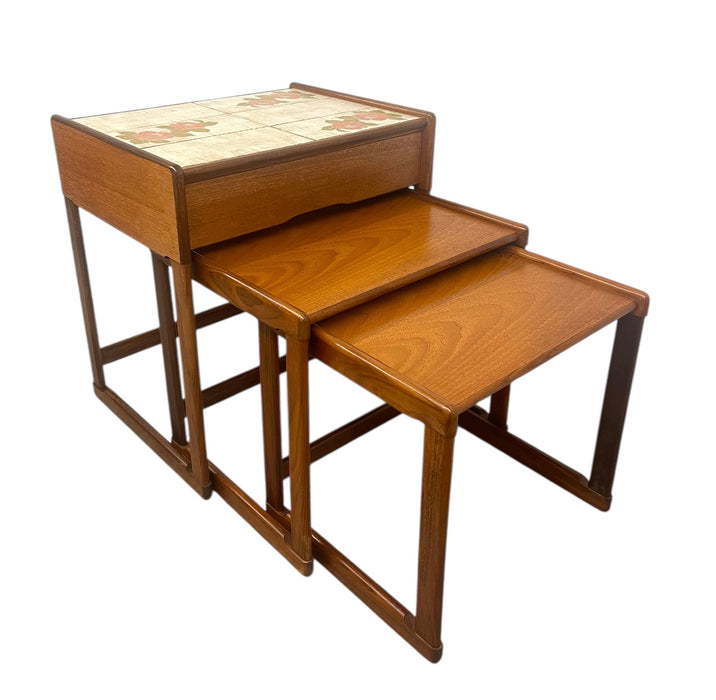 Vintage Mid-Century Modern Nesting Tables with Tile Top and Drawer