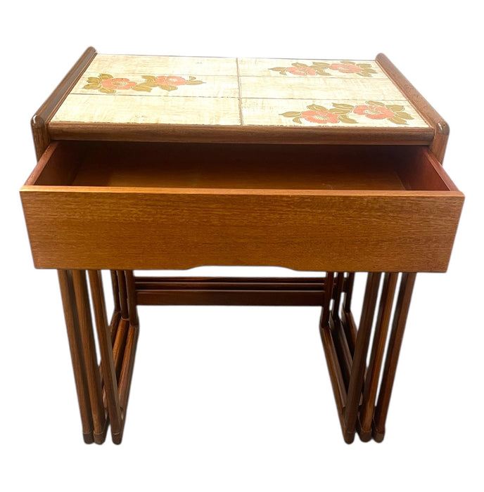Vintage Mid-Century Modern Nesting Tables with Tile Top and Drawer