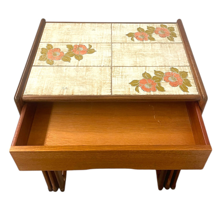 Vintage Mid-Century Modern Nesting Tables with Tile Top and Drawer