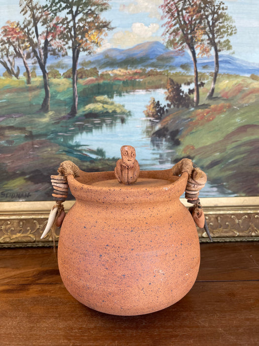 Handmade Indonesian Terracotta Lidded Jar with Beaded Raffia Accents and Seated Figure Finial