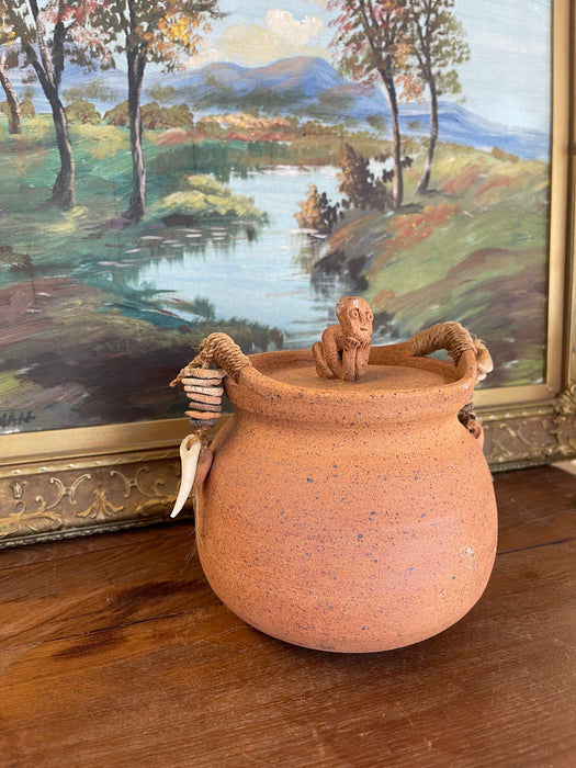 Handmade Indonesian Terracotta Lidded Jar with Beaded Raffia Accents and Seated Figure Finial
