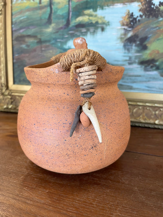 Handmade Indonesian Terracotta Lidded Jar with Beaded Raffia Accents and Seated Figure Finial