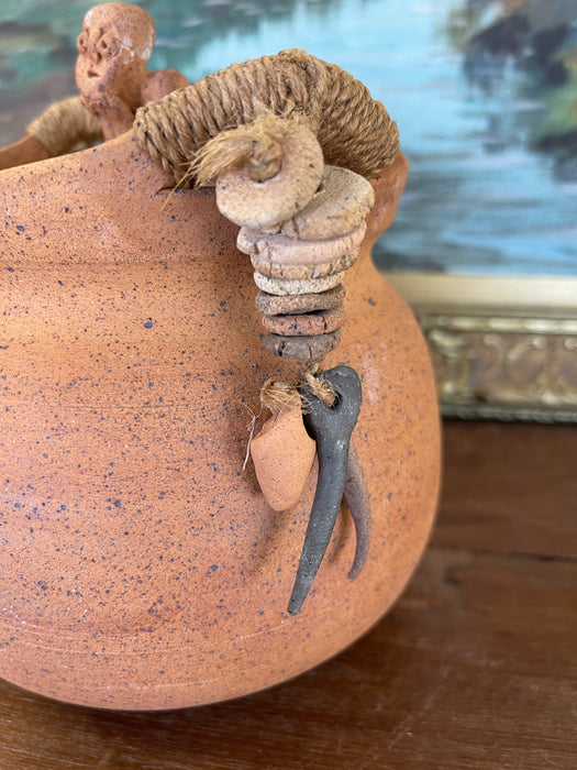Handmade Indonesian Terracotta Lidded Jar with Beaded Raffia Accents and Seated Figure Finial