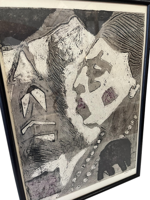 1988 Abstract Figurative Collagraph Print "Indian Ill - Elephant" by B. Dodson