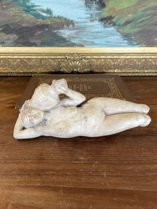 Vintage Hand-Carved Possibly Alabaster Sculpture of Reclining Nude Woman with Water Vessel