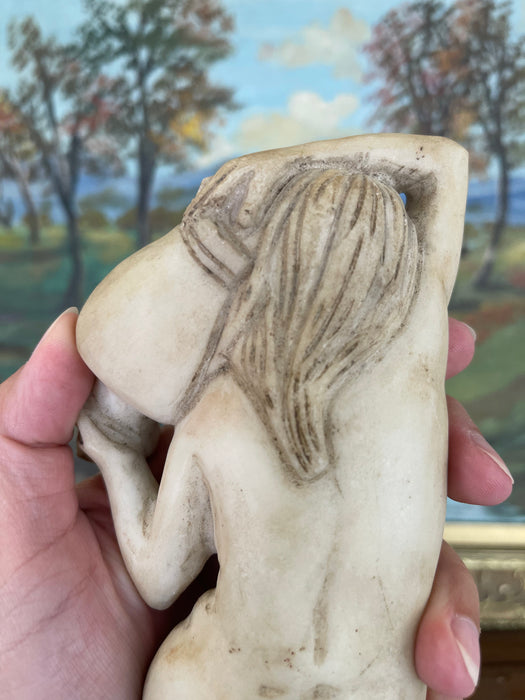 Vintage Hand-Carved Possibly Alabaster Sculpture of Reclining Nude Woman with Water Vessel