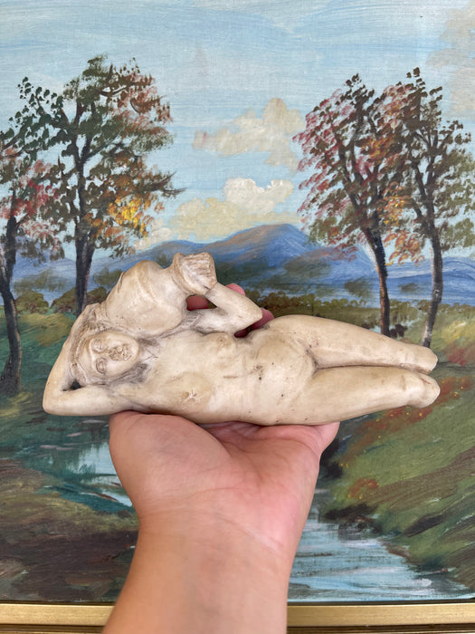 Vintage Hand-Carved Possibly Alabaster Sculpture of Reclining Nude Woman with Water Vessel