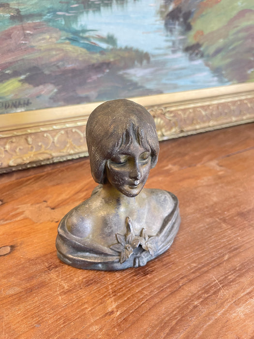 Antique Art Nouveau Cast Metal Bust of a Woman with Lily Motif, Early 20th Century