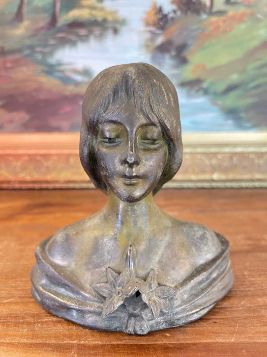 Antique Art Nouveau Cast Metal Bust of a Woman with Lily Motif, Early 20th Century