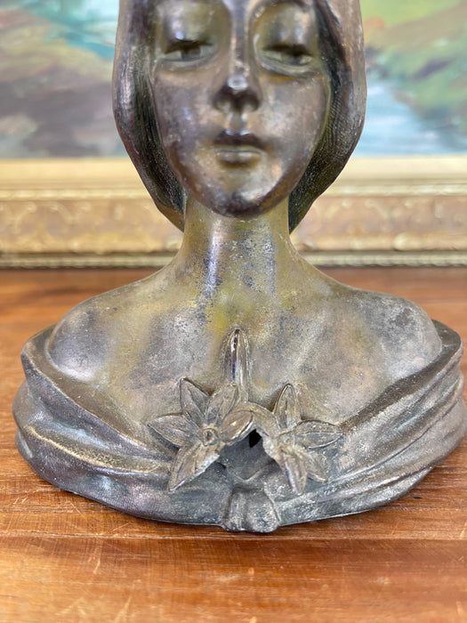 Antique Art Nouveau Cast Metal Bust of a Woman with Lily Motif, Early 20th Century