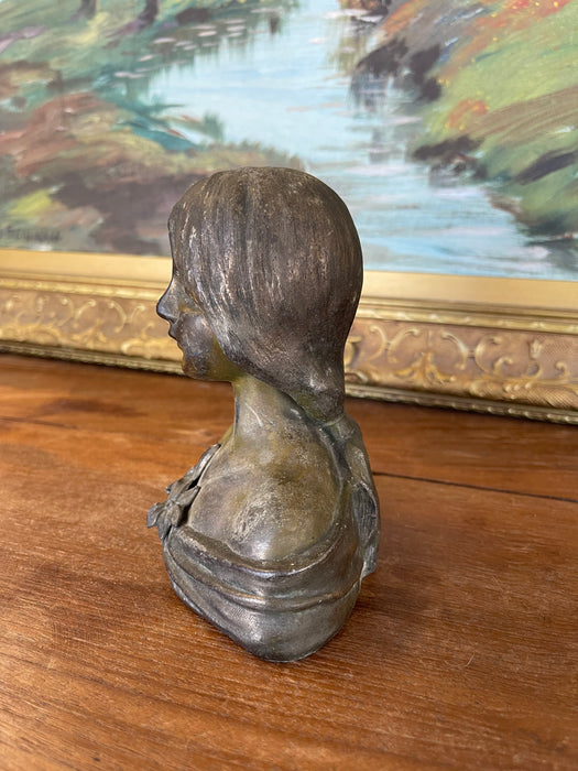 Antique Art Nouveau Cast Metal Bust of a Woman with Lily Motif, Early 20th Century