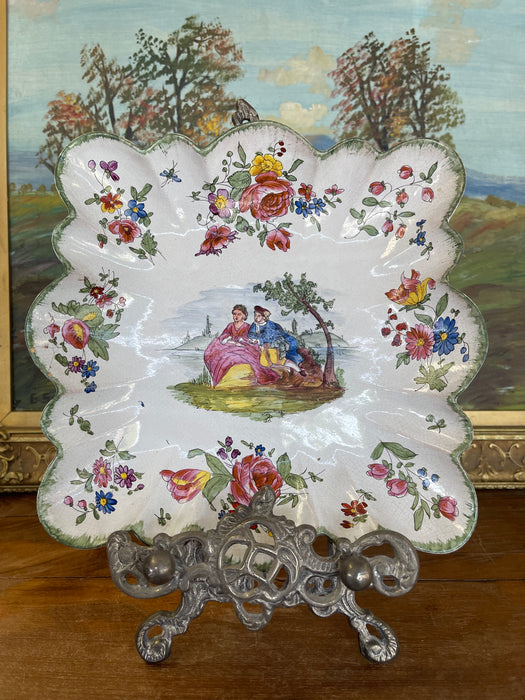 French Possibly Faience Hand-Painted Scalloped Dish with Romantic Scene, Marked Marseille