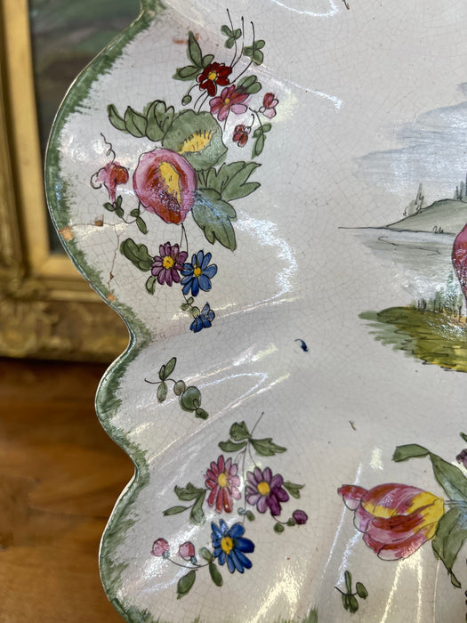 French Possibly Faience Hand-Painted Scalloped Dish with Romantic Scene, Marked Marseille