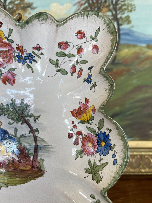 French Possibly Faience Hand-Painted Scalloped Dish with Romantic Scene, Marked Marseille