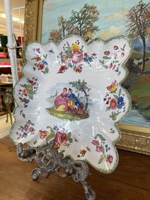 French Possibly Faience Hand-Painted Scalloped Dish with Romantic Scene, Marked Marseille