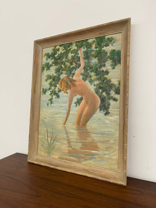 Mid-Century Nude Bathing Scene Painting Signed "Woody," 1958