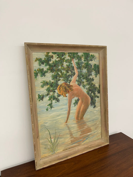 Mid-Century Nude Bathing Scene Painting Signed "Woody," 1958