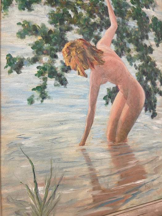 Mid-Century Nude Bathing Scene Painting Signed "Woody," 1958