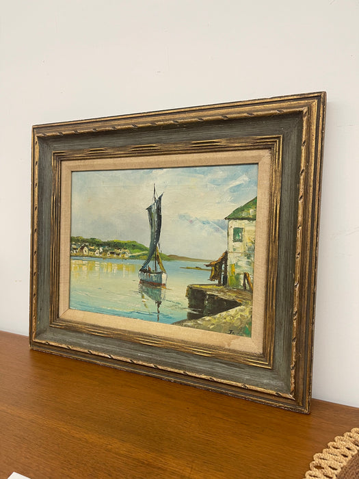 Vintage Mid Century Coastal Harbor Painting Signed “Jay," Framed by Wolsey, California