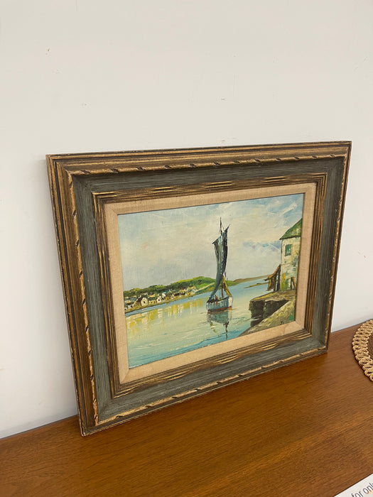 Vintage Mid Century Coastal Harbor Painting Signed “Jay," Framed by Wolsey, California