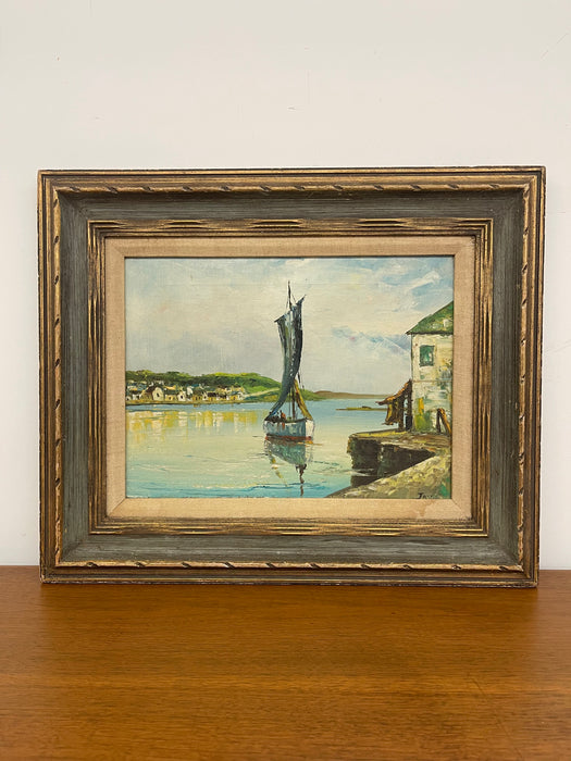 Vintage Mid Century Coastal Harbor Painting Signed “Jay," Framed by Wolsey, California