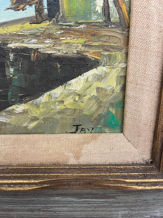 Vintage Mid Century Coastal Harbor Painting Signed “Jay," Framed by Wolsey, California
