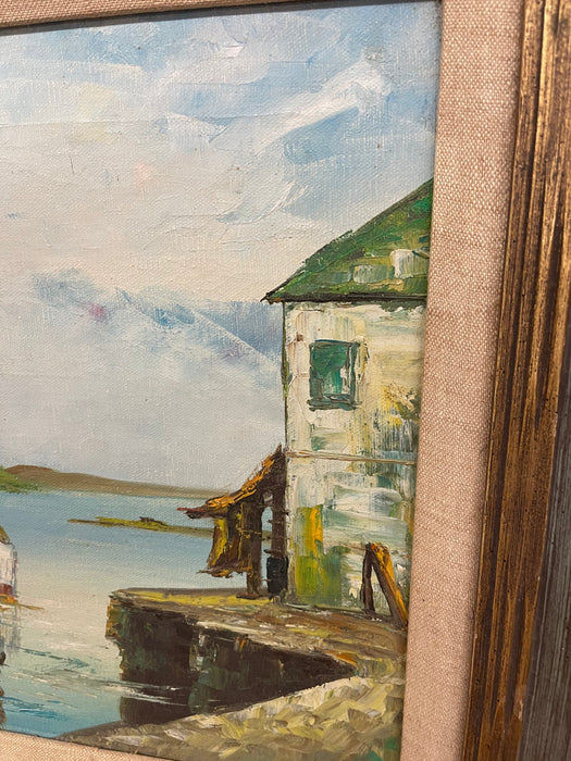 Vintage Mid Century Coastal Harbor Painting Signed “Jay," Framed by Wolsey, California