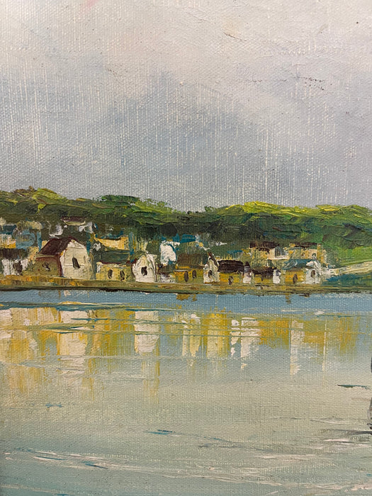 Vintage Mid Century Coastal Harbor Painting Signed “Jay," Framed by Wolsey, California