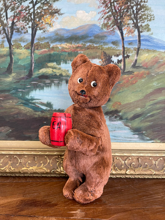 Vintage Plush Mechanical Bear with Red Barrel, Mid-20th Century Toy