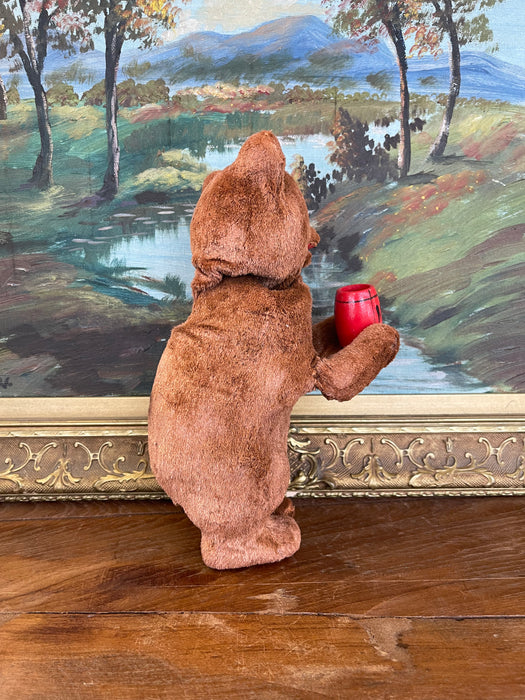 Vintage Plush Mechanical Bear with Red Barrel, Mid-20th Century Toy