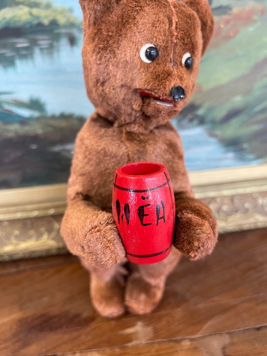 Vintage Plush Mechanical Bear with Red Barrel, Mid-20th Century Toy