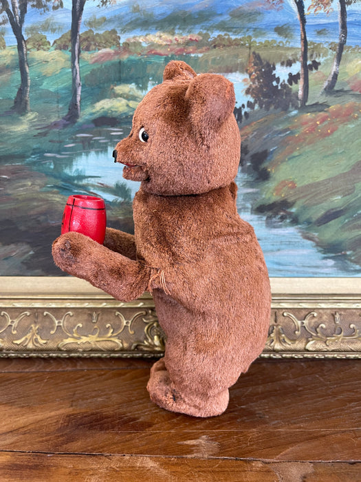 Vintage Plush Mechanical Bear with Red Barrel, Mid-20th Century Toy