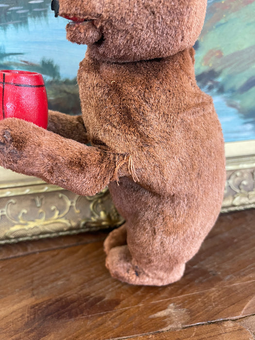 Vintage Plush Mechanical Bear with Red Barrel, Mid-20th Century Toy