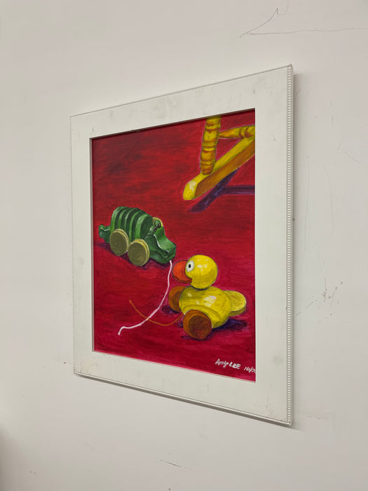 Vintage Painting of Pull Toys by Amy Lee, 2006 - Original on Canvas, Framed