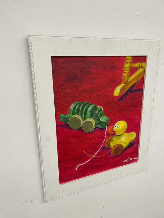 Vintage Painting of Pull Toys by Amy Lee, 2006 - Original on Canvas, Framed