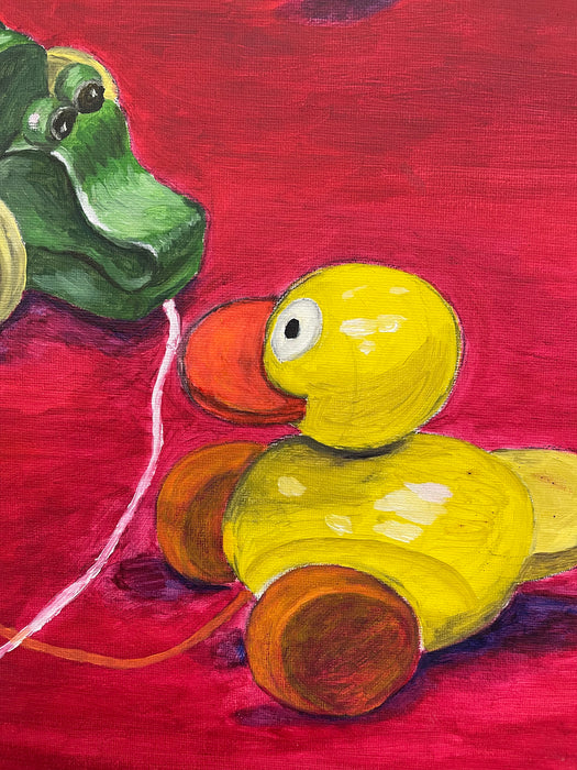 Vintage Painting of Pull Toys by Amy Lee, 2006 - Original on Canvas, Framed