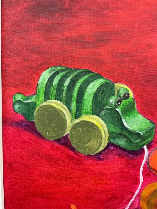 Vintage Painting of Pull Toys by Amy Lee, 2006 - Original on Canvas, Framed