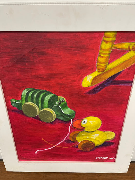 Vintage Painting of Pull Toys by Amy Lee, 2006 - Original on Canvas, Framed
