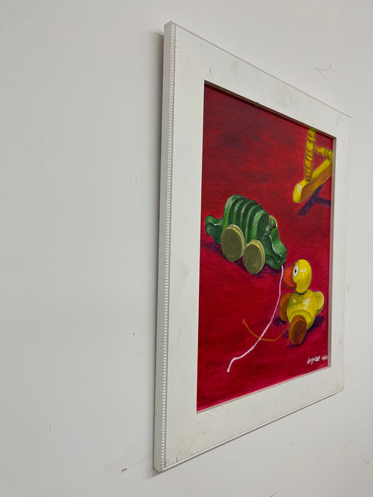 Vintage Painting of Pull Toys by Amy Lee, 2006 - Original on Canvas, Framed