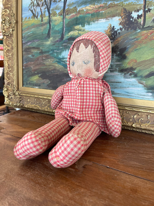 Antique Handmade Cloth Doll with Painted Face and Red Gingham Outfit, Early 20th Century