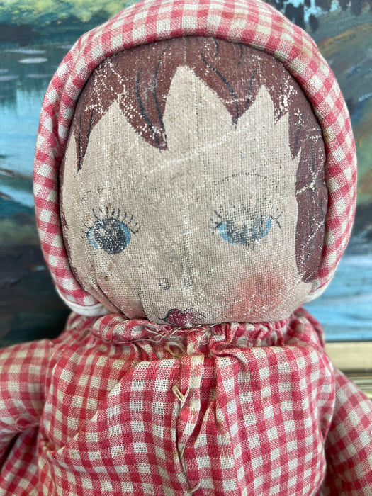 Antique Handmade Cloth Doll with Painted Face and Red Gingham Outfit, Early 20th Century