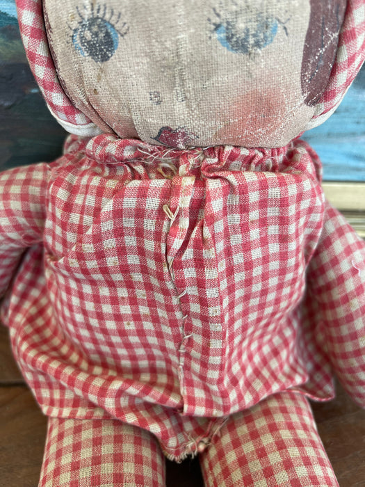 Antique Handmade Cloth Doll with Painted Face and Red Gingham Outfit, Early 20th Century