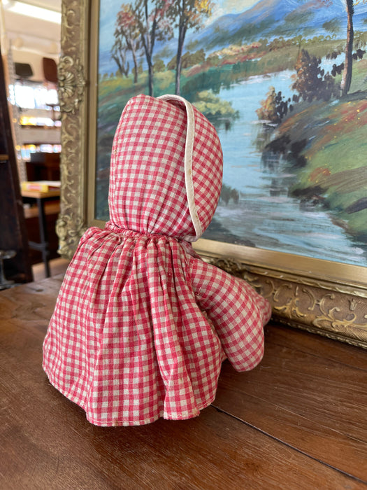 Antique Handmade Cloth Doll with Painted Face and Red Gingham Outfit, Early 20th Century