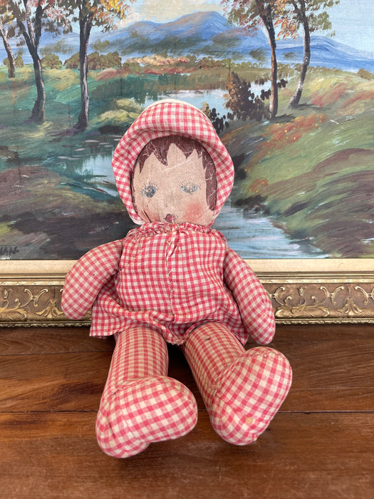 Antique Handmade Cloth Doll with Painted Face and Red Gingham Outfit, Early 20th Century
