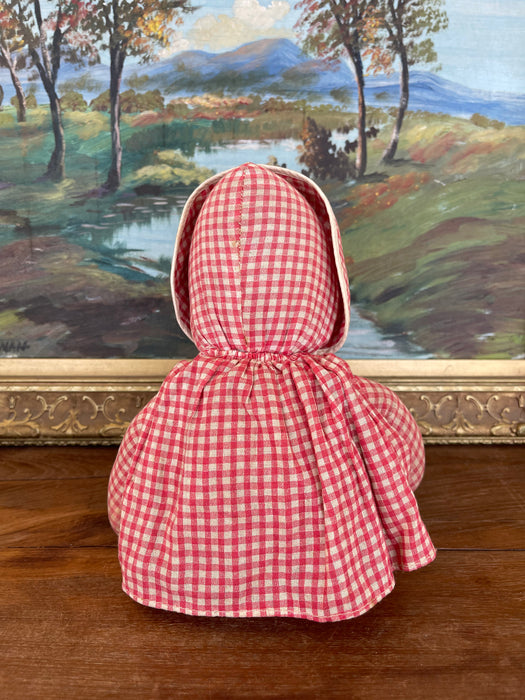 Antique Handmade Cloth Doll with Painted Face and Red Gingham Outfit, Early 20th Century