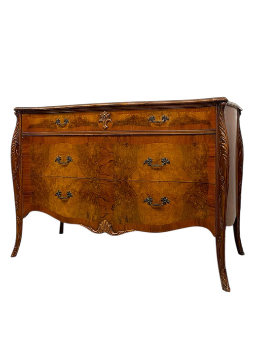 French Louis XV Style Bombe Burlwood 3-Drawer Commode with Carved Details