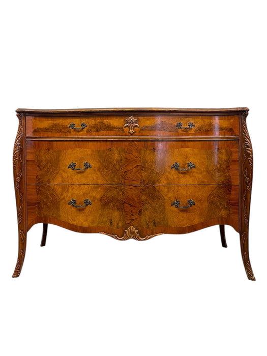 French Louis XV Style Bombe Burlwood 3-Drawer Commode with Carved Details