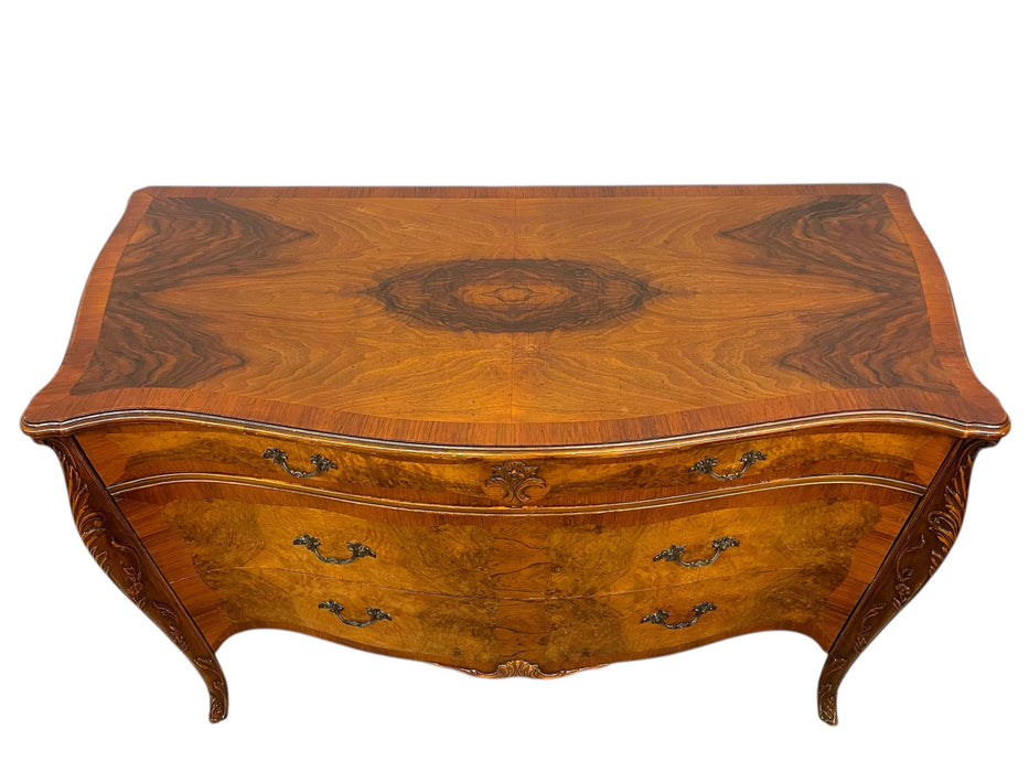 French Louis XV Style Bombe Burlwood 3-Drawer Commode with Carved Details